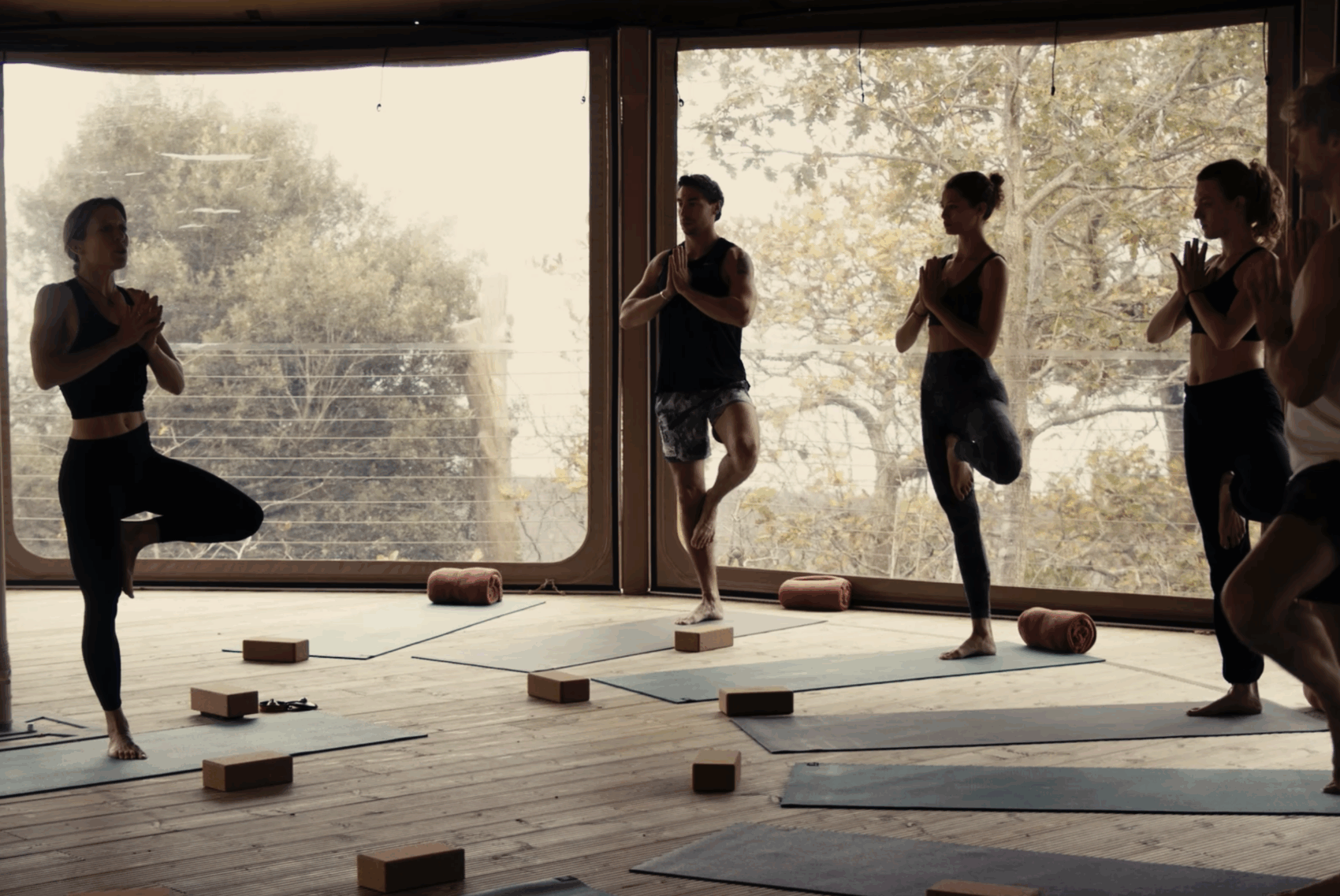 guests enjoying a yoga class with a sea view guests enjoying a yoga class with a sea view