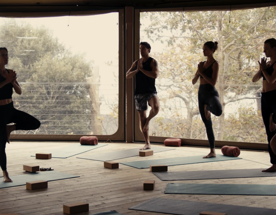 guests enjoying a yoga class with a sea view
